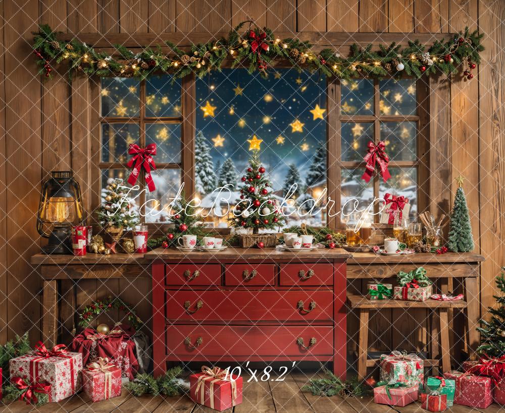 Kate Christmas Wooden Room Red Cabinet Backdrop Designed by Chain Photography - Image 8