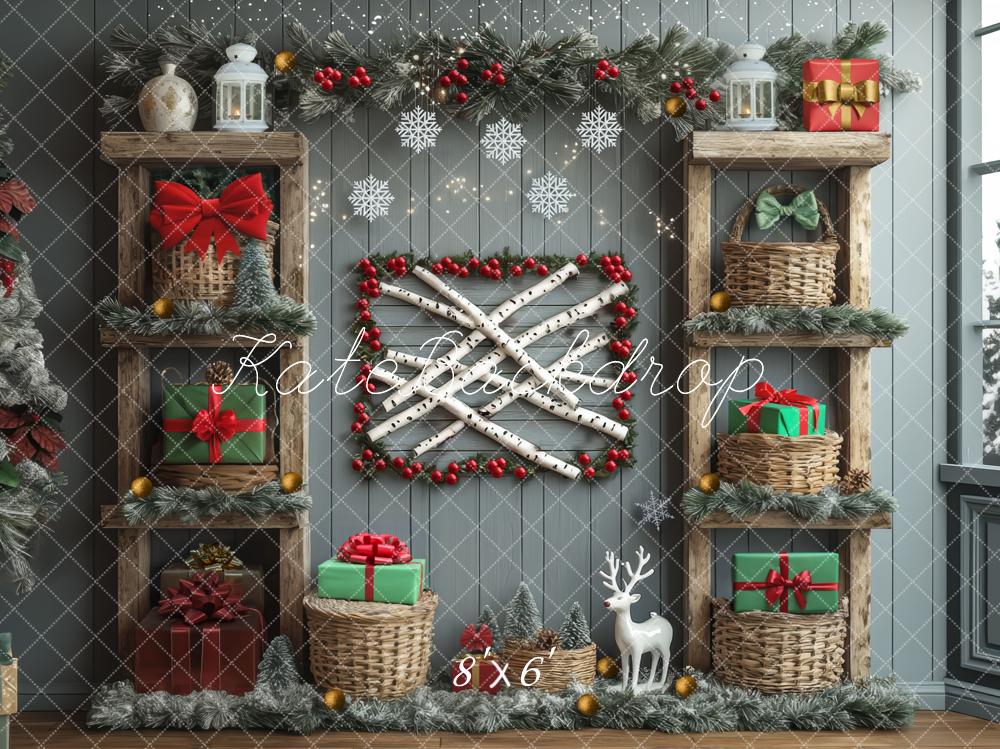 Kate Christmas Grey Wooden Shelves Presents Backdrop Designed by Mini MakeBelieve - Image 3
