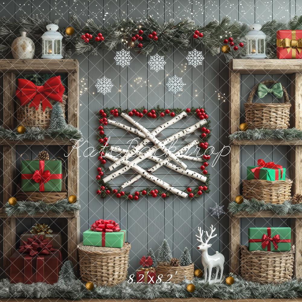 Kate Christmas Grey Wooden Shelves Presents Backdrop Designed by Mini MakeBelieve - Image 5