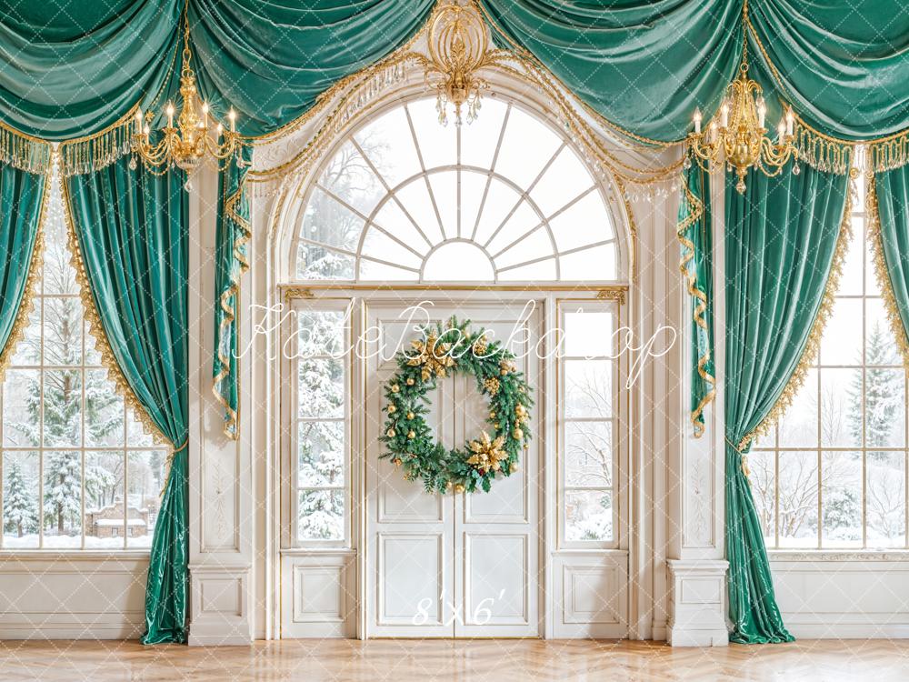 Kate Christmas Wreath Grand Windows Green Curtains Backdrop Designed by Emetselch - Image 3
