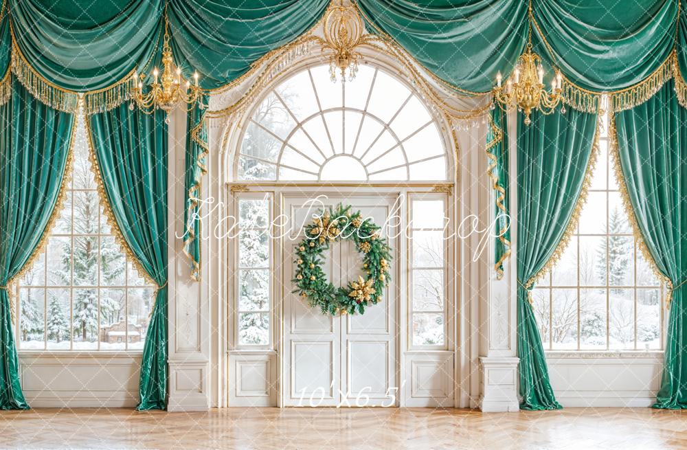 Kate Christmas Wreath Grand Windows Green Curtains Backdrop Designed by Emetselch - Image 4