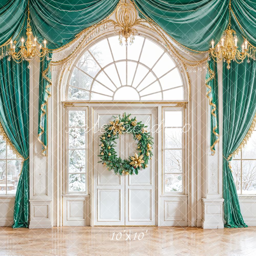 Kate Christmas Wreath Grand Windows Green Curtains Backdrop Designed by Emetselch - Image 7