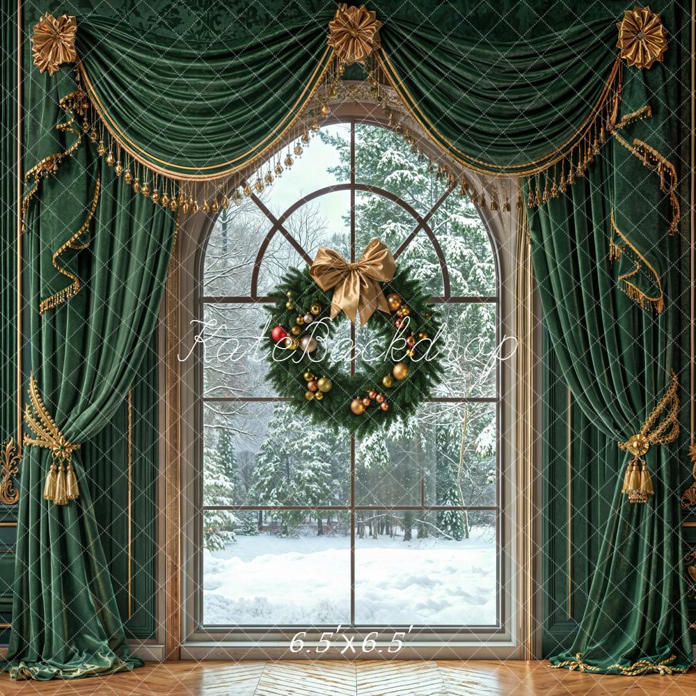 Kate Christmas Wreath Green Curtains Wall Backdrop Designed by Emetselch - Image 2