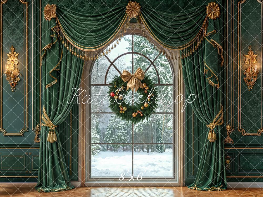 Kate Christmas Wreath Green Curtains Wall Backdrop Designed by Emetselch - Image 3