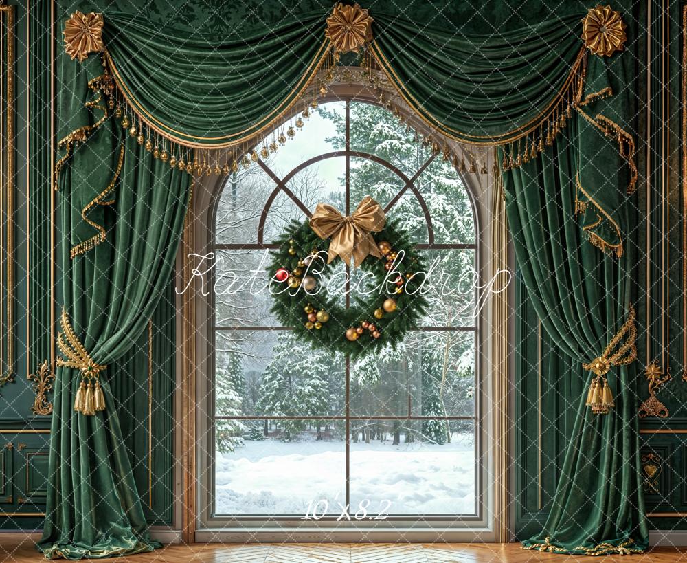 Kate Christmas Wreath Green Curtains Wall Backdrop Designed by Emetselch - Image 6