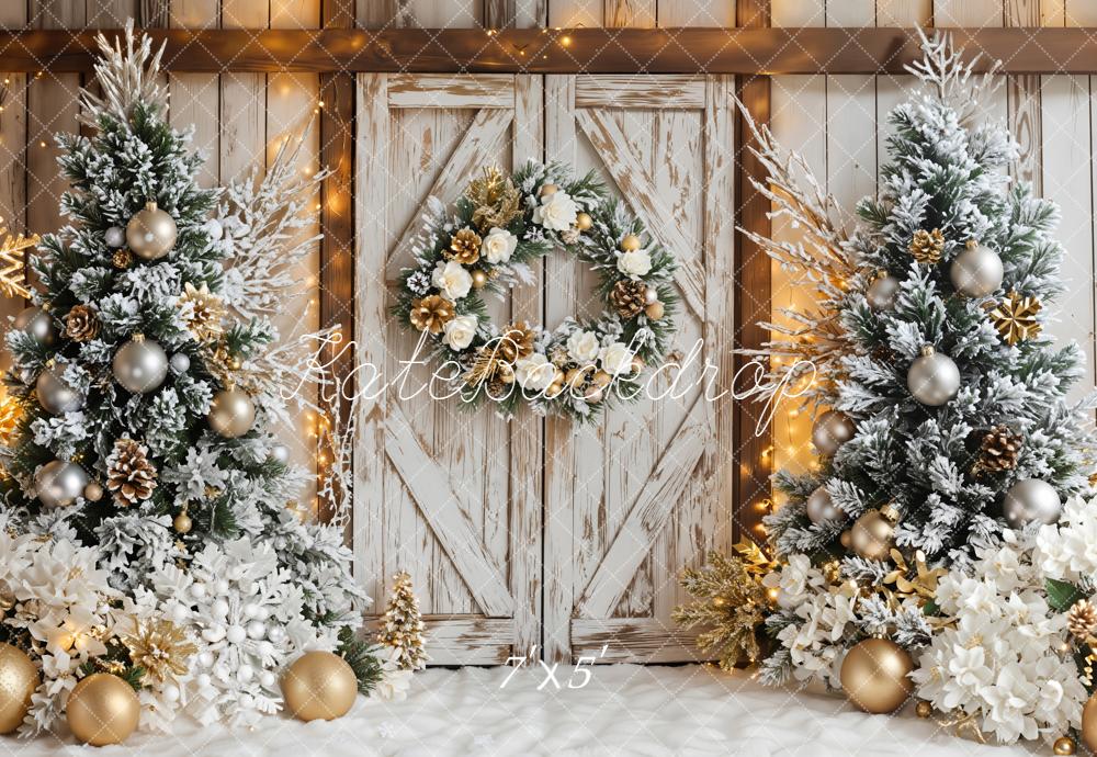 Kate Christmas Wreath Trees Rustic Door Backdrop Designed by Emetselch