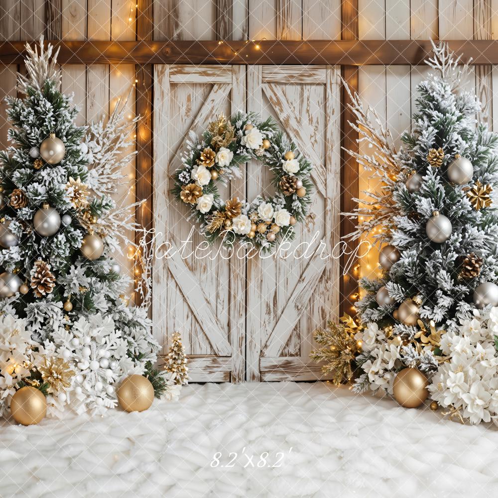 Kate Christmas Wreath Trees Rustic Door Backdrop Designed by Emetselch - Image 3