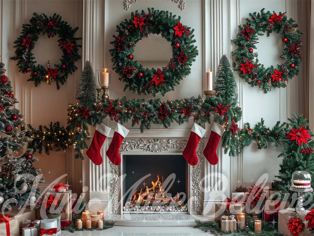 Kate Christmas Wreath White Fireplace Backdrop Designed by Mini MakeBelieve - Image 4