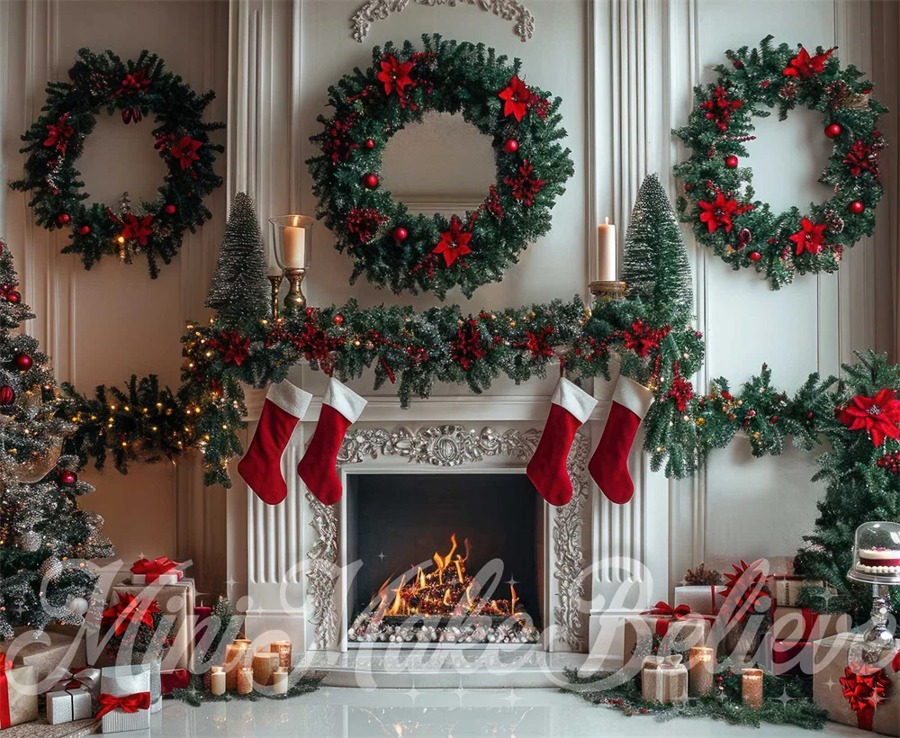 Kate Christmas Wreath White Fireplace Backdrop Designed by Mini MakeBelieve - Image 6