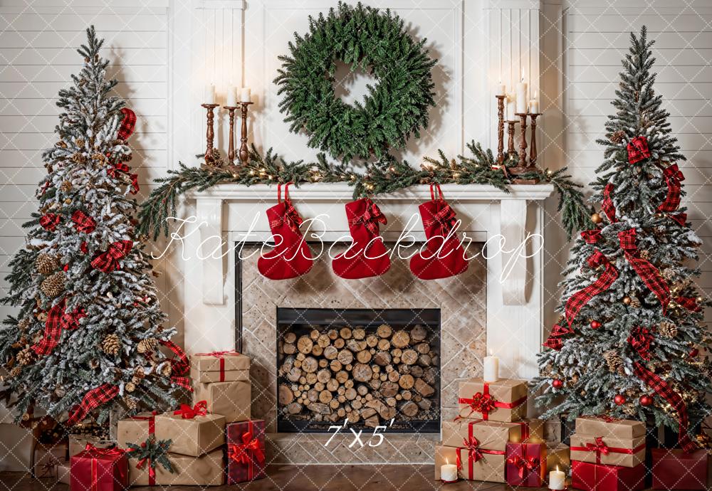 Kate Christmas Wreath White Fireplace Room Backdrop Designed by Emetselch - Image 2