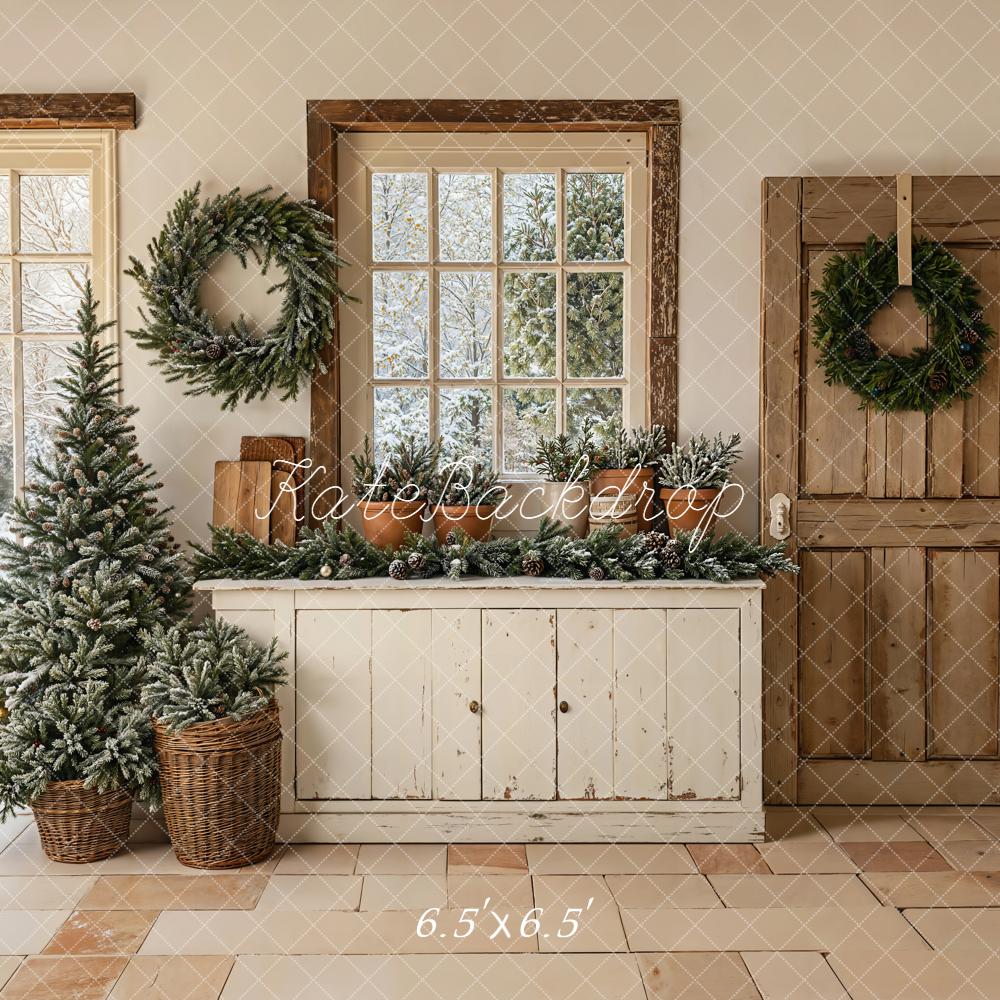 Kate Christmas Wreaths Tree Rustic Windows Backdrop Designed by Emetselch - Image 2