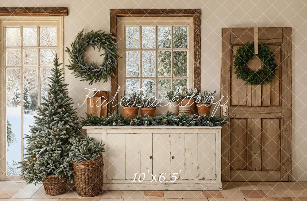 Kate Christmas Wreaths Tree Rustic Windows Backdrop Designed by Emetselch - Image 4