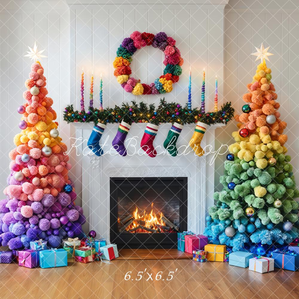 Kate Colorful Christmas Trees Fireplace Backdrop Designed by Emetselch - Image 2