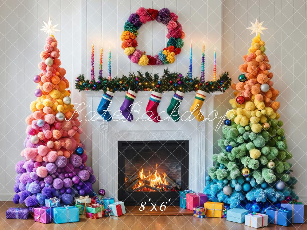 Kate Colorful Christmas Trees Fireplace Backdrop Designed by Emetselch - Image 3