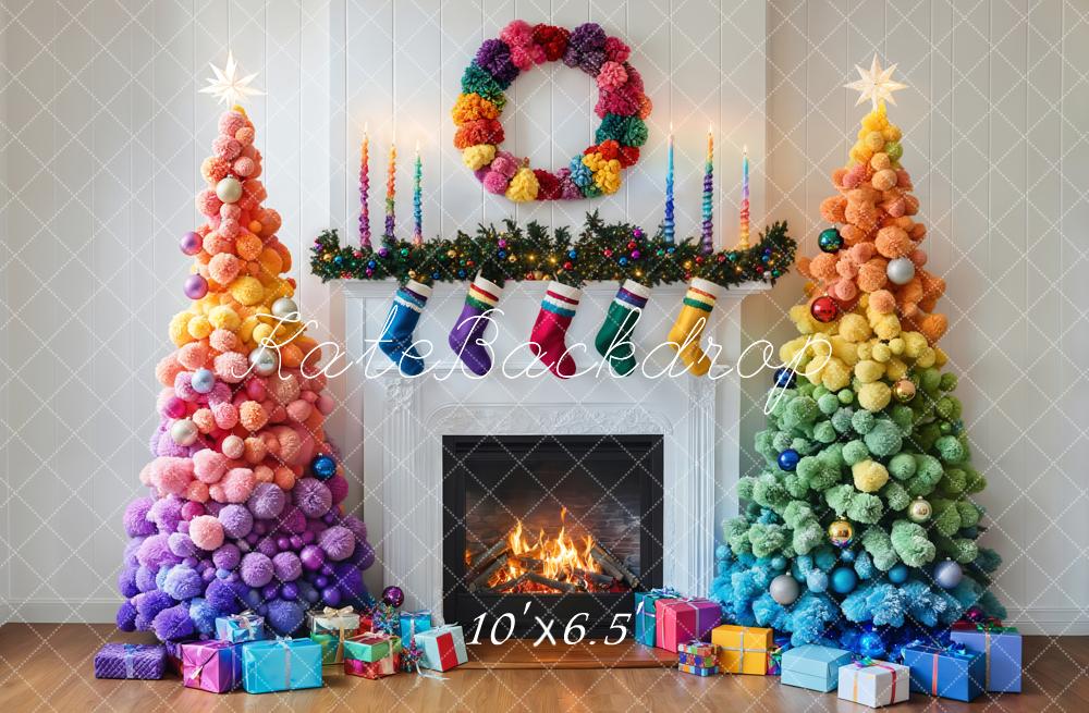 Kate Colorful Christmas Trees Fireplace Backdrop Designed by Emetselch - Image 4