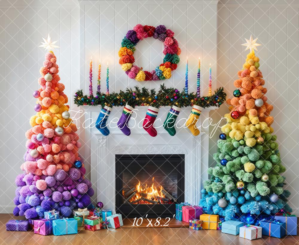 Kate Colorful Christmas Trees Fireplace Backdrop Designed by Emetselch - Image 5