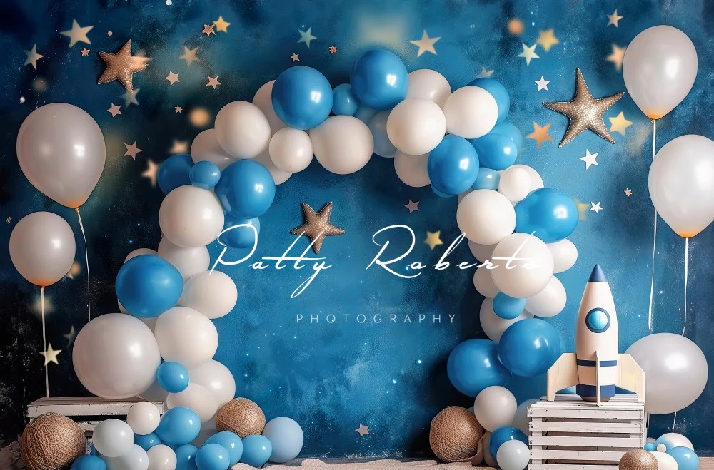 Kate Cosmic Balloons Cake Smash Blue Backdrop Designed by Patty Robert - Image 4