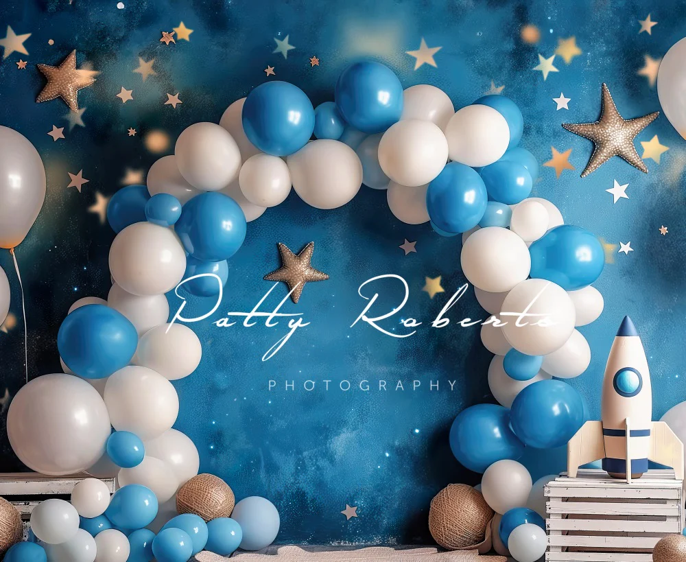 Kate Cosmic Balloons Cake Smash Blue Backdrop Designed by Patty Robert - Image 5