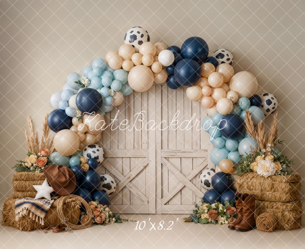 Kate Cowboy Balloon Arch Barn Door Fleece Backdrop Designed by Emetselch - Image 3