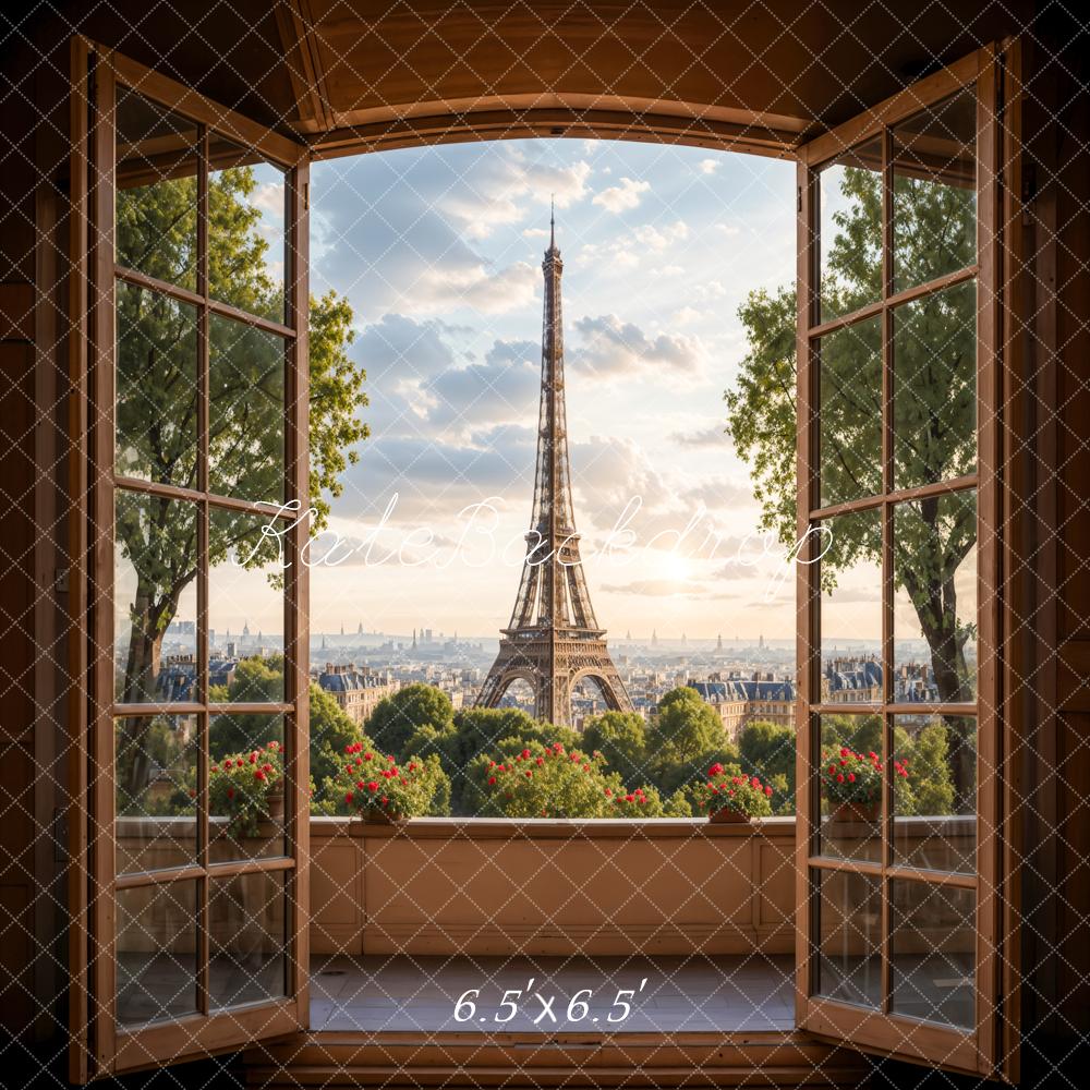 Kate Dark Brown Wooden Window Balcony Paris Tower Backdrop Designed by Emetselch - Image 2