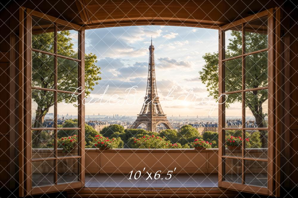 Kate Dark Brown Wooden Window Balcony Paris Tower Backdrop Designed by Emetselch - Image 4