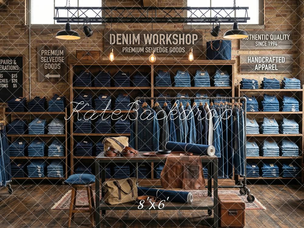 Kate Denim Workshop Shelves Brick Wall Backdrop Designed by Patty Robert - Image 3