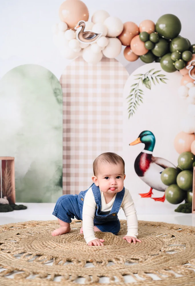 Kate Cake Smash Duck Balloon Arch Mountains Backdrop Designed by Patty Robert