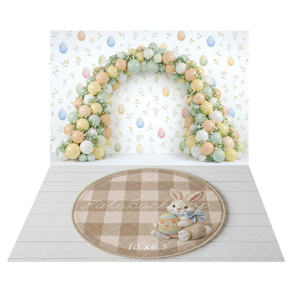 Kate Easter Balloon Arch Pastel Eggs Flowers Backdrop+Bunny Egg Plaid Beige Backdrop