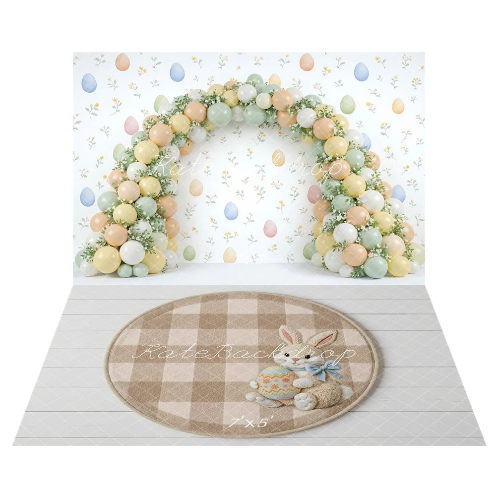 Kate Easter Balloon Arch Pastel Eggs Flowers Backdrop+Bunny Egg Plaid Beige Backdrop - Image 2
