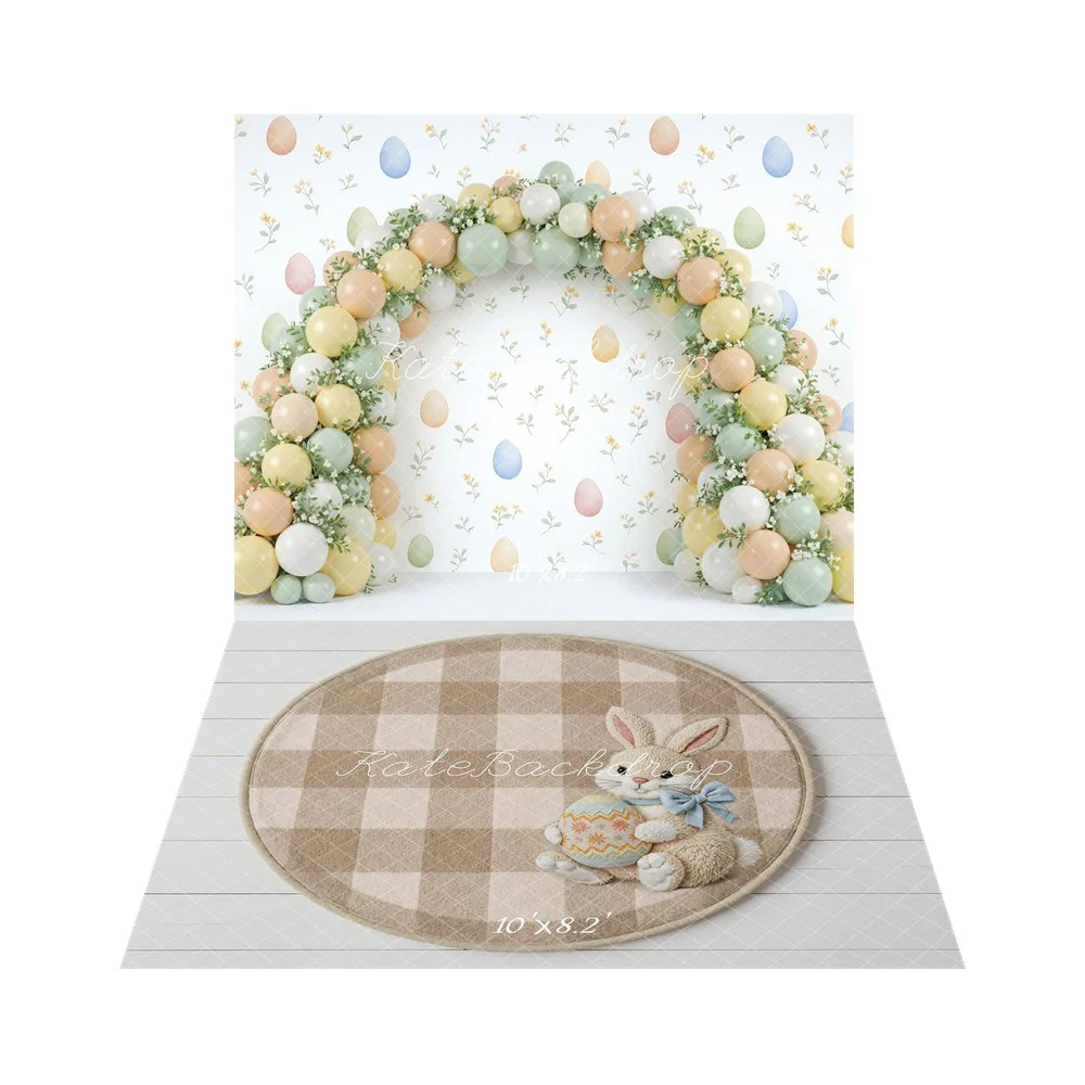 Kate Easter Balloon Arch Pastel Eggs Flowers Backdrop+Bunny Egg Plaid Beige Backdrop - Image 3