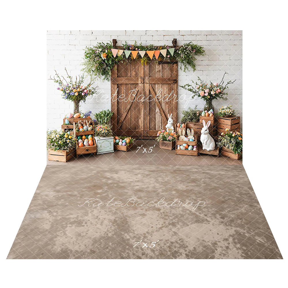 Kate Easter Barn Door Bunny Floral Backdrop+Abstract Light Brown Beige Floor Backdrop - Image 2