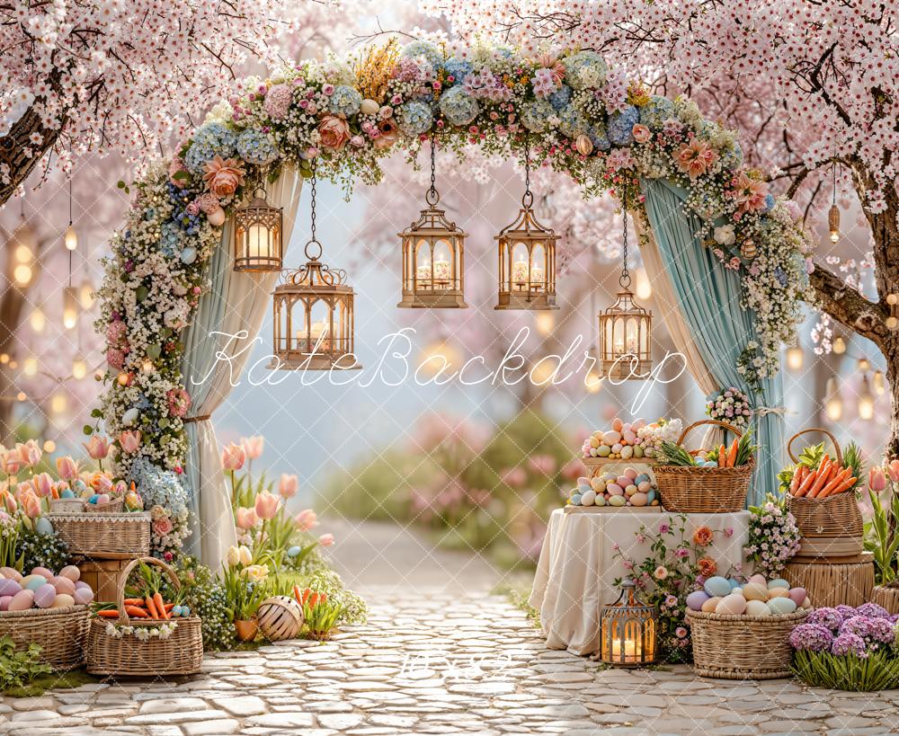 Kate Easter Bunny Floral Arch Lanterns Spring Fleece Backdrop Designed by Emetselch - Image 3