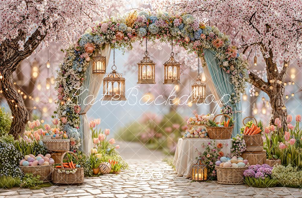Kate Easter Bunny Floral Arch Lanterns Spring Fleece Backdrop Designed by Emetselch - Image 4