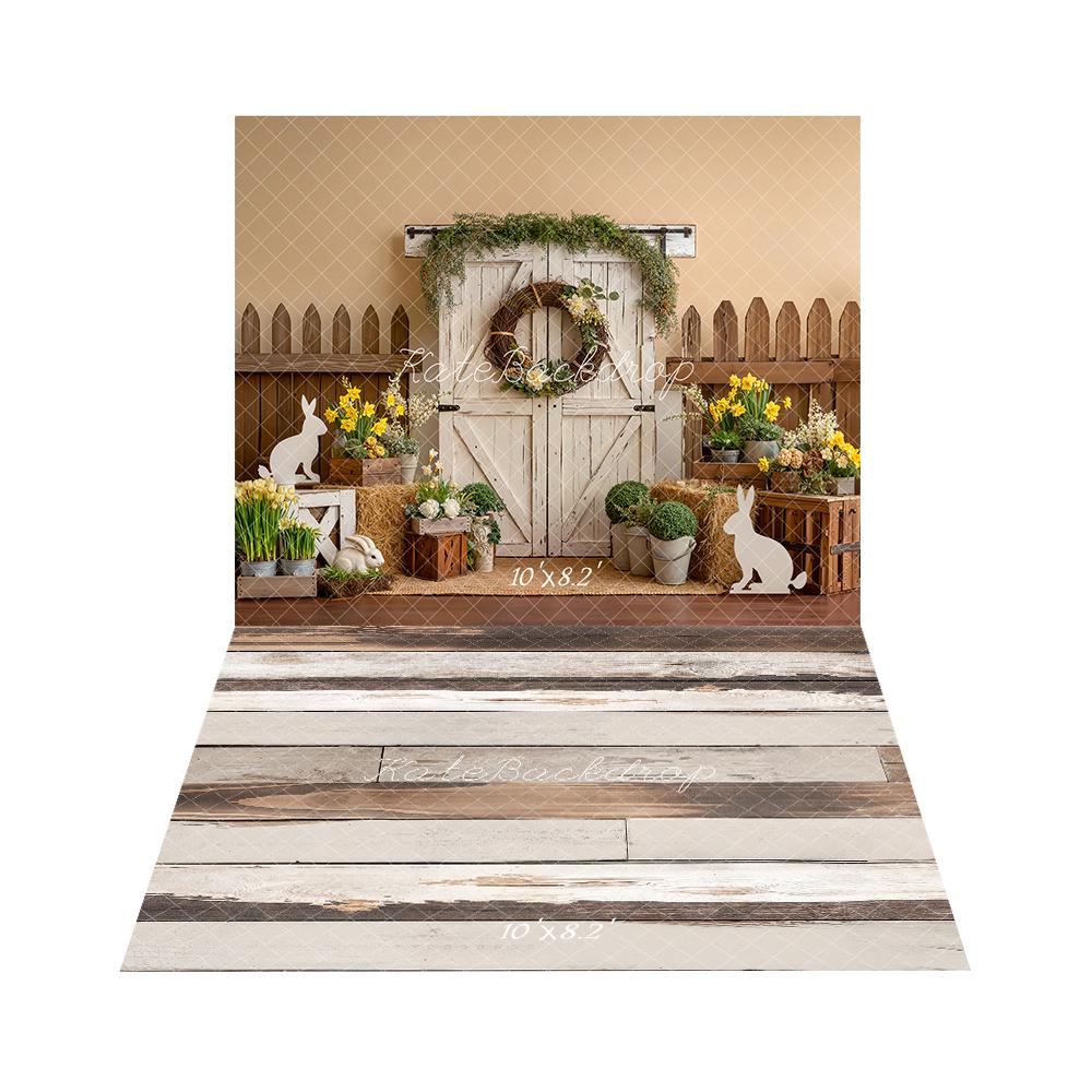 Kate Easter Bunny Barn Door Backdrop+ Light Brown White Retro Wood Floor Backdrop - Image 2