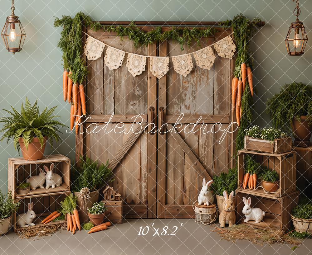 Kate Easter Bunny Carrots Wooden Barn Fleece Backdrop Designed by Emetselch - Image 3