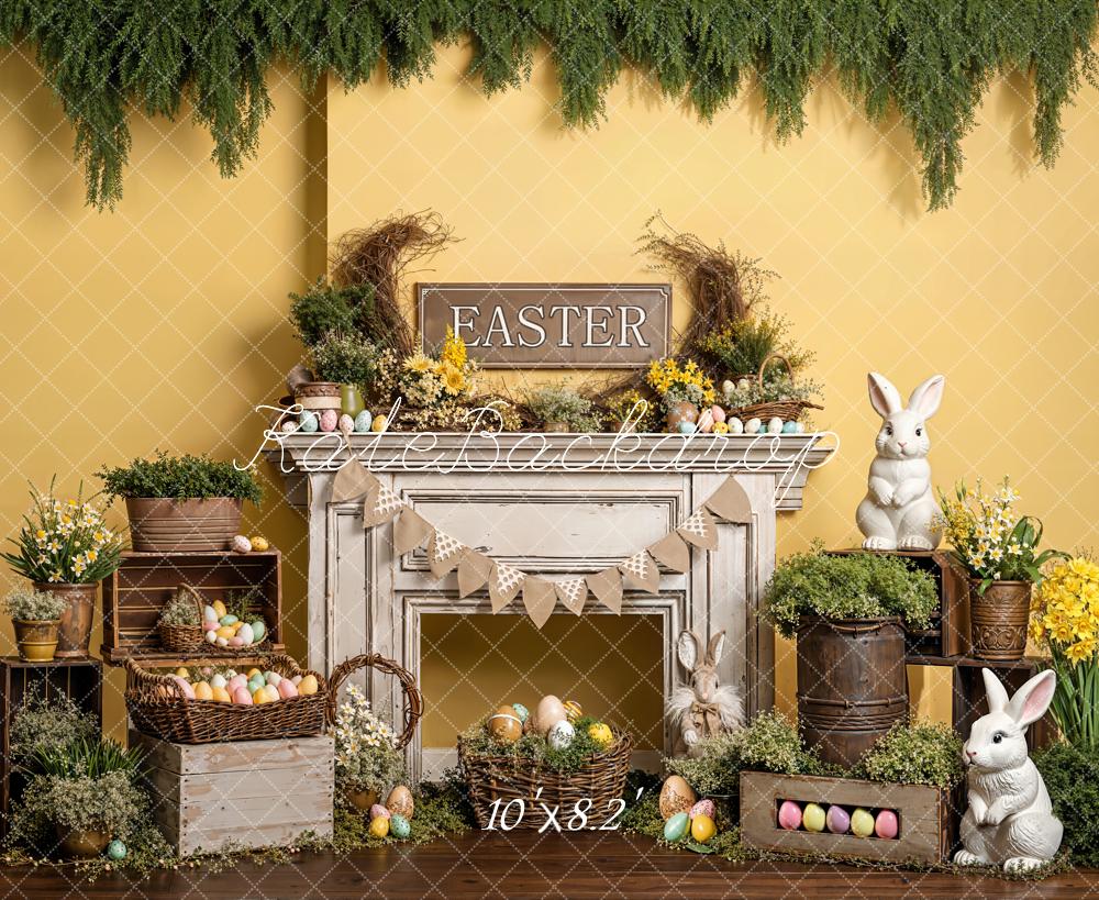 Kate Easter Bunny Eggs Fireplace Yellow Fleece Backdrop Designed by Emetselch - Image 3