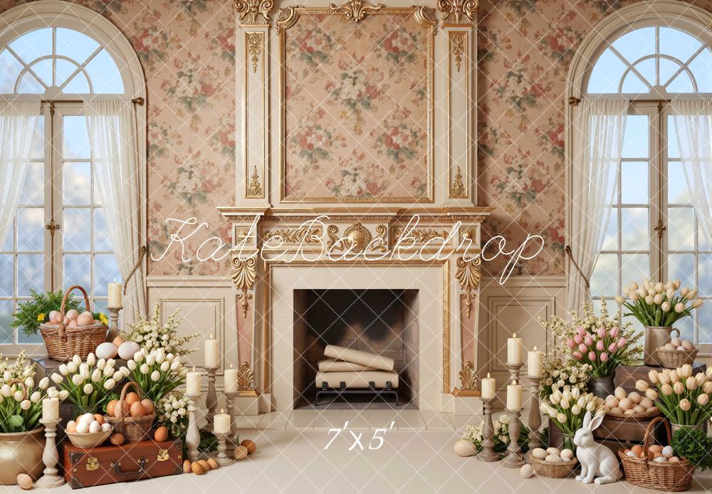 Kate Easter Bunny Eggs Fireplace Tulips Backdrop Designed by Mini MakeBelieve