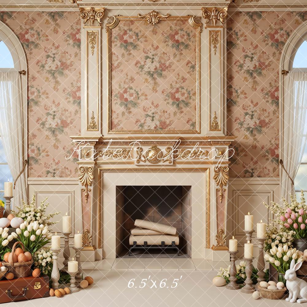 Kate Easter Bunny Eggs Fireplace Tulips Backdrop Designed by Mini MakeBelieve - Image 2