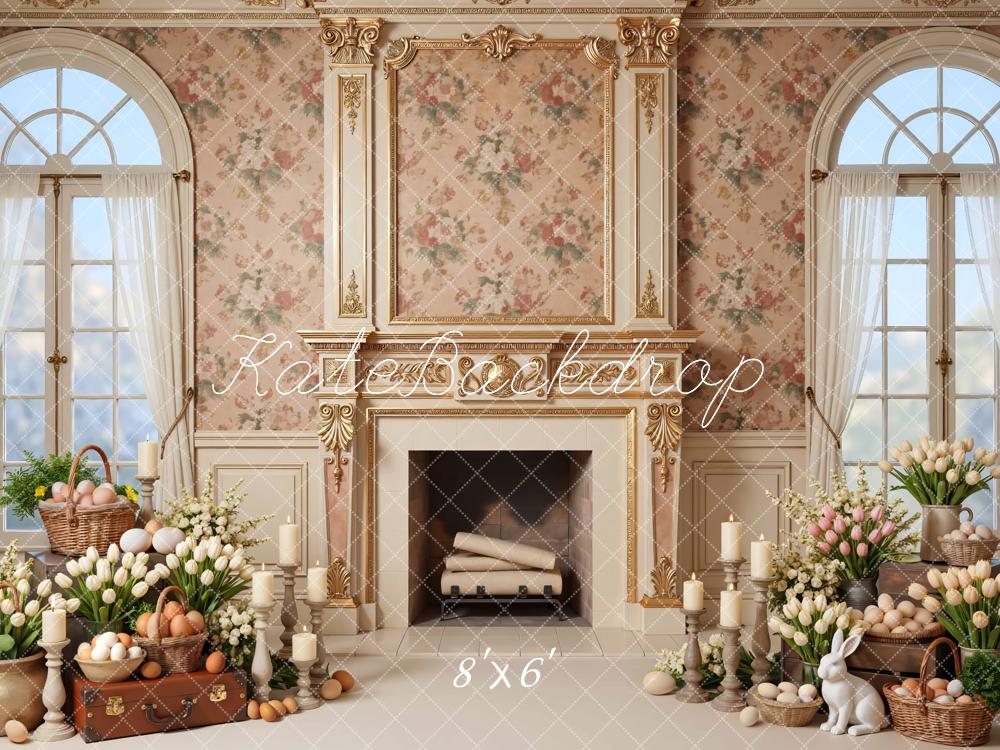 Kate Easter Bunny Eggs Fireplace Tulips Backdrop Designed by Mini MakeBelieve - Image 3