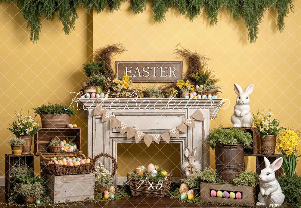 Kate Easter Bunny Eggs Fireplace Yellow Backdrop Designed by Emetselch