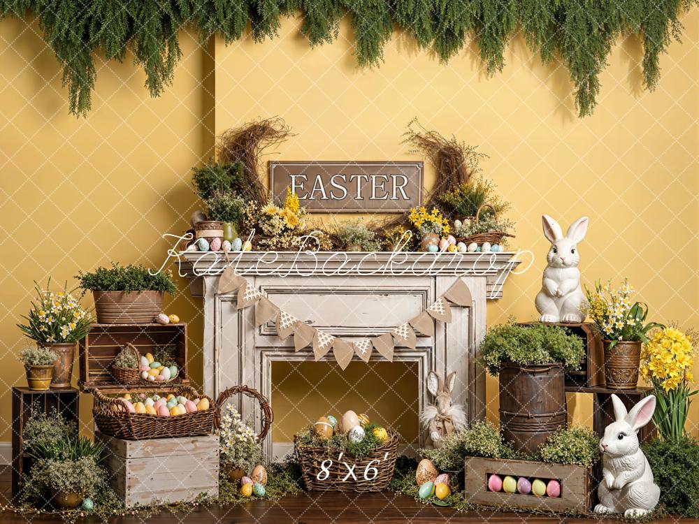 Kate Easter Bunny Eggs Fireplace Yellow Backdrop Designed by Emetselch - Image 3