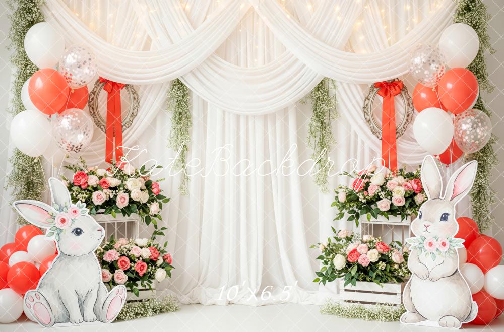 Kate Easter Bunny Floral Balloons White Drapes Fleece Backdrop Designed by Patty Robert - Image 2
