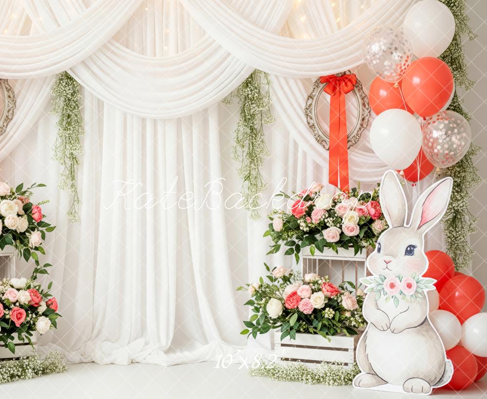 Kate Easter Bunny Floral Balloons White Drapes Fleece Backdrop Designed by Patty Robert - Image 3
