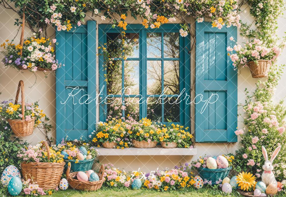 Kate Easter Bunny Floral Blue Window Backdrop Designed by Emetselch - Image 2