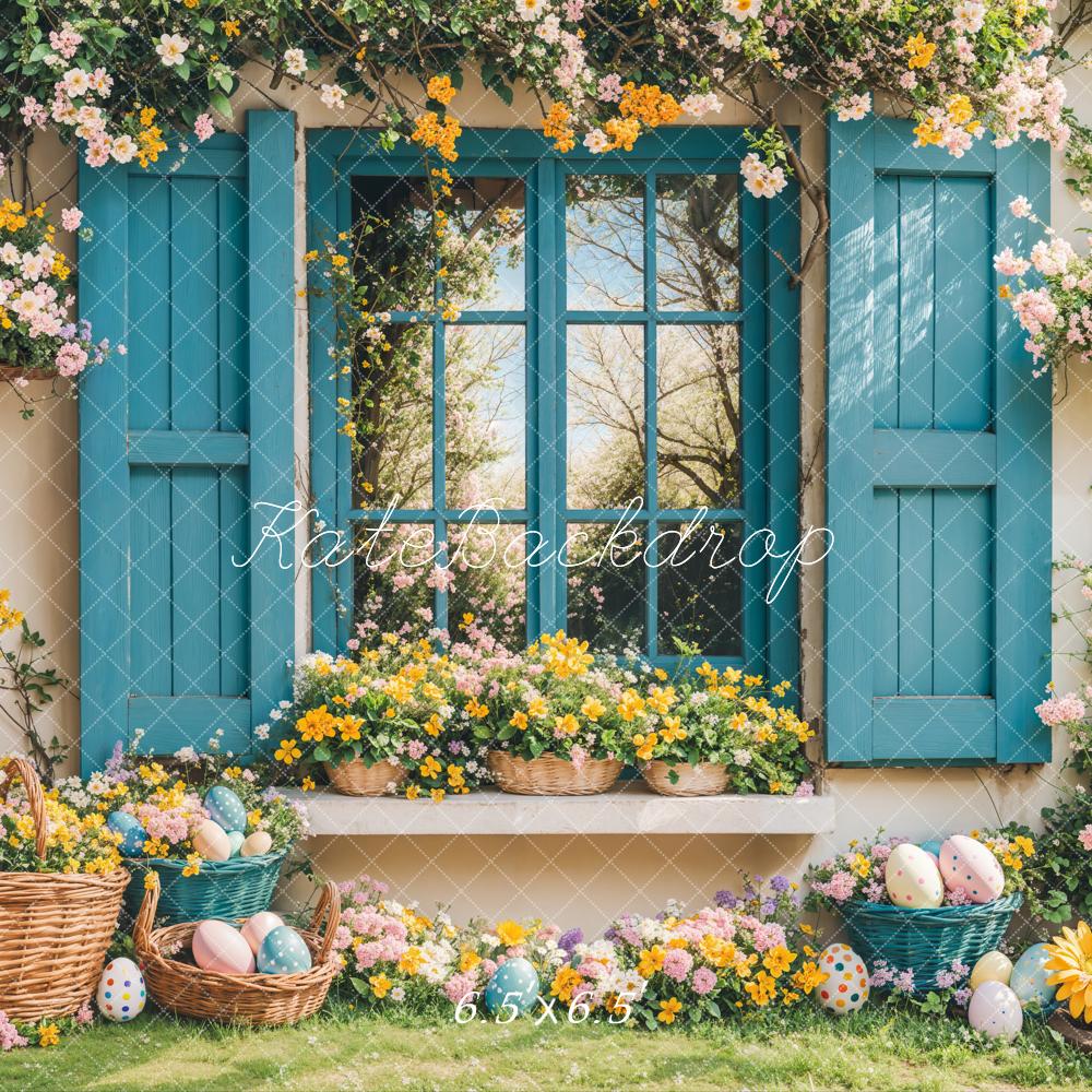 Kate Easter Bunny Floral Blue Window Backdrop Designed by Emetselch - Image 3