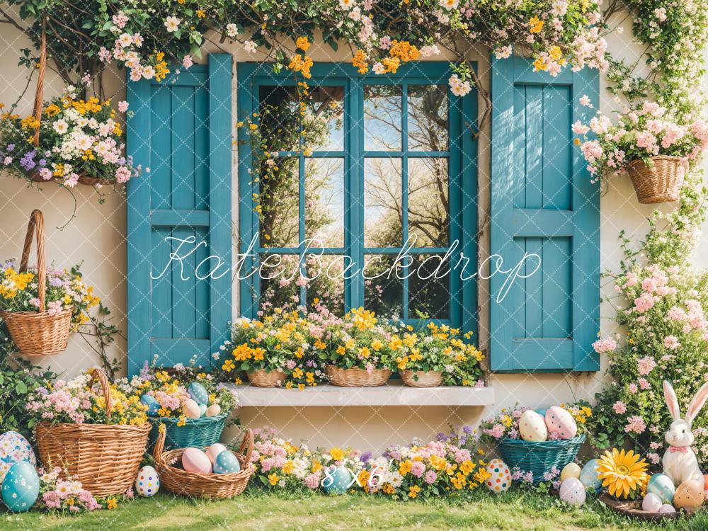 Kate Easter Bunny Floral Blue Window Backdrop Designed by Emetselch - Image 4