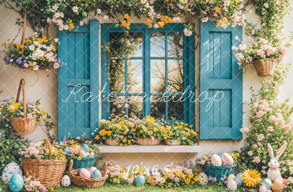Kate Easter Bunny Floral Blue Window Backdrop Designed by Emetselch - Image 5