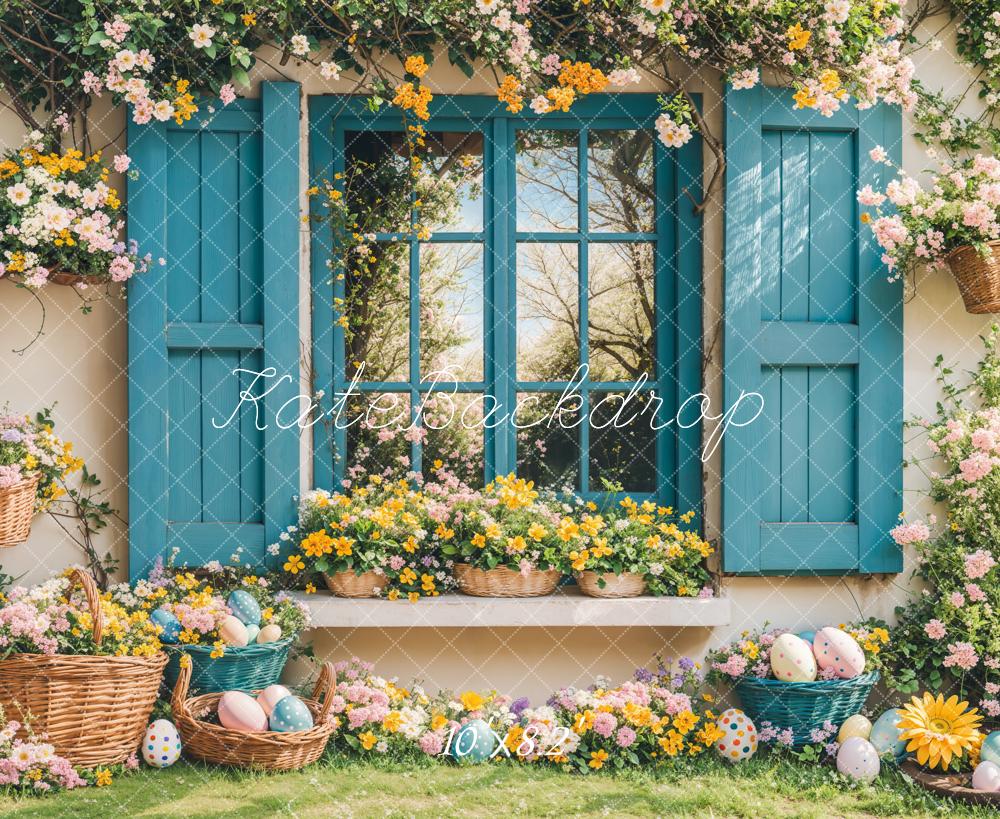 Kate Easter Bunny Floral Blue Window Backdrop Designed by Emetselch - Image 6