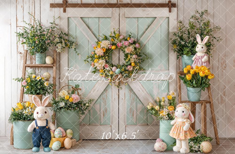 Kate Easter Bunny Floral Eggs Barn Door Fleece Backdrop Designed by Emetselch - Image 2