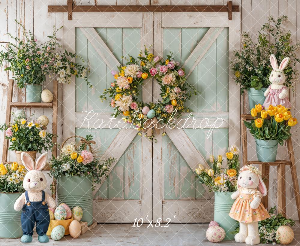 Kate Easter Bunny Floral Eggs Barn Door Fleece Backdrop Designed by Emetselch - Image 3